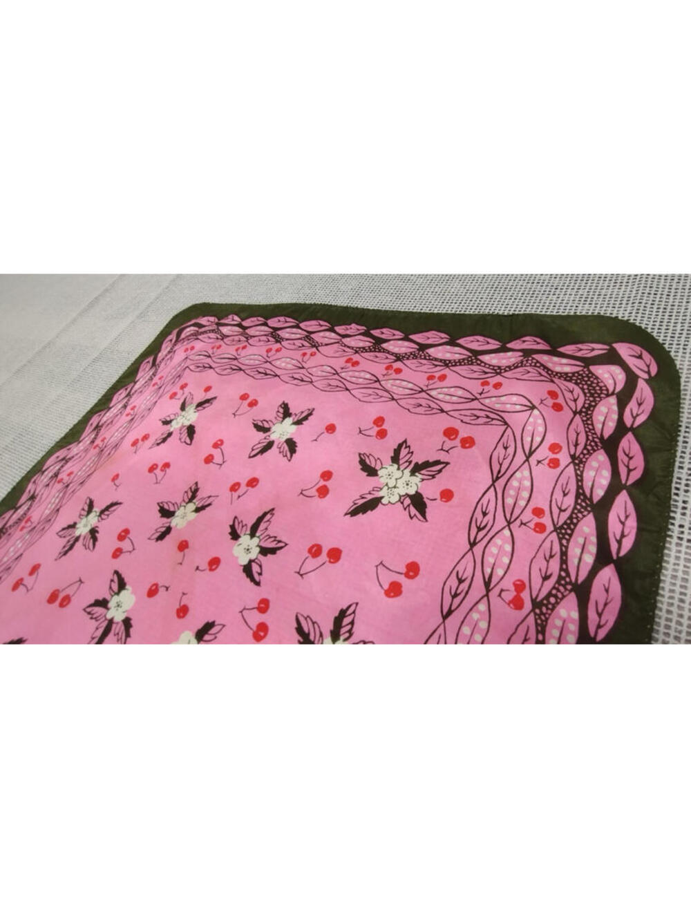 Vintage 40s 50s Cherries Hankie Rockabilly CAROL STANLEY PURE SILK HANDKERCHIEF